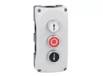 LPZP3B8906 Szara obudowa LPZP3A8 z białym przyciskiem krytym LPCB1158 "strzałka w górę" i zestykiem 1NO, czerwonym przyciskiem krytym LPCB1104 "O" i zestykiem 1NC oraz białym przyciskiem krytym LPCB1152 "strzałka w dół" i zestykiem 1NO