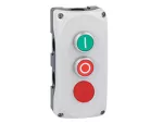 LPZP3B8900 Szara obudowa LPZP3A8 z zielonym przyciskiem krytym LPCB1113 "I" i zestykiem 1NO, czerwonym przyciskiem krytym LPCB1104 "O" i zestykiem 1NC oraz czerwoną lampką 24V