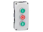 LPZP3B8902 Szara obudowa LPZP3A8 z zielonym przyciskiem krytym LPCB1113 "I" i zestykiem 1NO, czerwonym przyciskiem krytym LPCB1104 "O" i zestykiem 1NC oraz zielonym przyciskiem krytym LPCB1123 "II" i zestykiem 1NO