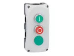LPZP3B8911 Szara obudowa LPZP3A8 z zielonym przyciskiem krytym LPCB1113 "I" i zestykiem 1NO, czerwonym przyciskiem wystającym LPCB2104 "O" i zestykiem 1NC oraz zieloną lamką 24V