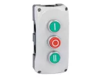 LPZP3B8903 Szara obudowa LPZP3A8 z zielonym przyciskiem krytym LPCB1113 "I" i zestykiem 1NO, czerwonym przyciskiem wystającym LPCB2104 "O"i zestykiem 1NC oraz zielonym przyciskiem krytym LPCB1123 "II" i zestykiem 1NO