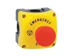 LPZP1B5608 Żółta obudowa LPZP1A5 z przyciskiem grzybkowym LPCB6744, odblokowanie przez pociągnięcie, 1NC i tabliczka "EMERGENCY/STOP"