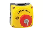 LPZP1B5605 Żółta obudowa LPZP1A5 z przyciskiem grzybkowym LPCB6844, odblokowanie kluczem, 1NC i tabliczką "EMERGENCY/STOP"