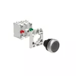 LPCBL107K11PM8 ZESTAW: Przycisk plastikowy podświetlany, samoczynny powrót, kryty, przezroczysty. Adapter montażowy. Zestyki 1NO+1NC, zaciski śrubowe. Lampka LED, światło ciągłe, zasilanie 185...265VAC.