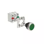 LPCBL103K11PB3 ZESTAW: Przycisk plastikowy podświetlany, samoczynny powrót, kryty, zielony. Adapter montażowy. Zestyki 1NO+1NC, zaciski śrubowe. Lampka LED, światło ciągłe, zasilanie 12...30VAC/DC.