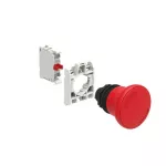 LPCB6344K01 ZESTAW: Przycisk grzybkowy, plastikowy, z blokadą, odblokowanie przez obrót, Ø40mm, do normalnego zatrzymania, czerwony. Adapter montażowy. Zestyki 1NC, zaciski śrubowe.