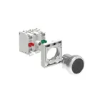 LPSBL107K11PB8 ZESTAW: Przycisk metalowy podświetlany, samoczynny powrót, kryty, przezroczysty. Adapter montażowy. Zestyki 1NO+1NC, zaciski śrubowe. Lampka LED, światło ciągłe, zasilanie 12...30VAC/DC.