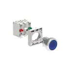 LPSBL106K11PM6 ZESTAW: Przycisk metalowy podświetlany, samoczynny powrót, kryty, niebieski. Adapter montażowy. Zestyki 1NO+1NC, zaciski śrubowe. Lampka LED, światło ciągłe, zasilanie 185...265VAC.