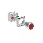 LPSBL104K11PB4 ZESTAW: Przycisk metalowy podświetlany, samoczynny powrót, kryty, czerwony. Adapter montażowy. Zestyki 1NO+1NC, zaciski śrubowe. Lampka LED, światło ciągłe, zasilanie 12...30VAC/DC.
