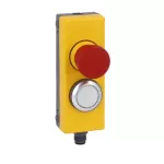 LP4P2B5900 Kaseta sterownicza do montażu na płycie lub prowadnicy 40mm, z blokowanym przyciskiem grzybkowym do zatrzymania awaryjnego, odblokowanie przez obrót, styki 2NC oraz białym płaskim przyciskiem z podświetleniem z samoczynnym powrotem, 5…35VAC/DC,
