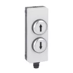 LP4P2B8900 Kaseta sterownicza do montażu na płycie lub prowadnicy 40mm, z 2 białymi płaskimi przyciskami z podświetleniem z samoczynnym powrotem, jeden z symbolem "↑", drugi z symbolem "↓" , każdy ze stykiem 1NO