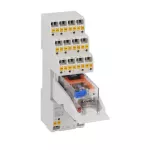 HRA604CD024K3 Zestaw złożony z przekaźnika przemysłowego ze wskaźnikiem LED i przyciskiem mechanicznym, 24VDC, 5A, styki 4 C/O. Gniazdo z zaciskami sprężynowymi i obejmą.