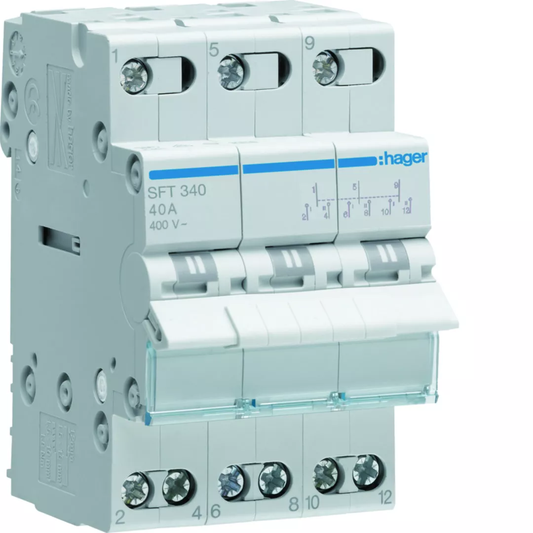 Modułowy przełącznik instalacyjny I-0-II punkt wspólny od góry 3P 40A 400VAC