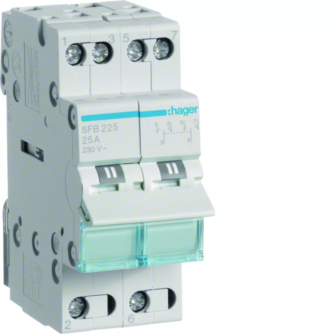 Modułowy przełącznik instalacyjny I-0-II punkt wspólny od dołu 2P 25A 230VAC