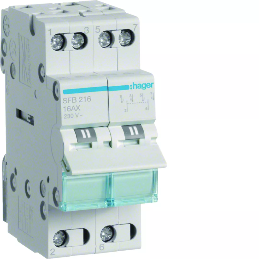 Modułowy przełącznik instalacyjny I-0-II punkt wspólny od dołu 2P 16A 230VAC