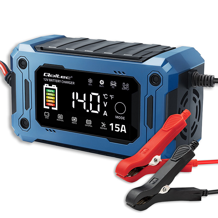 Qoltec Inteligentna mikroprocesorowa ładowarka 12V 15A | Prostownik z funkcją naprawy i podtrzymania zasilania podczas wymiany akumulatora | do AGM GEL LiFePO4 | LCD