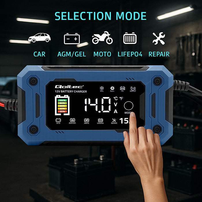 Qoltec Inteligentna mikroprocesorowa ładowarka 12V 15A | Prostownik z funkcją naprawy i podtrzymania zasilania podczas wymiany akumulatora | do AGM GEL LiFePO4 | LCD