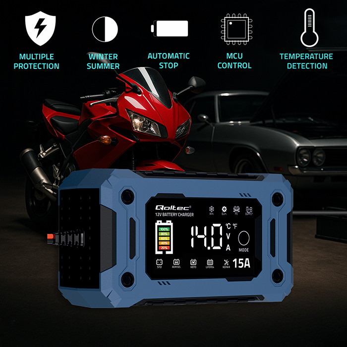 Qoltec Inteligentna mikroprocesorowa ładowarka 12V 15A | Prostownik z funkcją naprawy i podtrzymania zasilania podczas wymiany akumulatora | do AGM GEL LiFePO4 | LCD