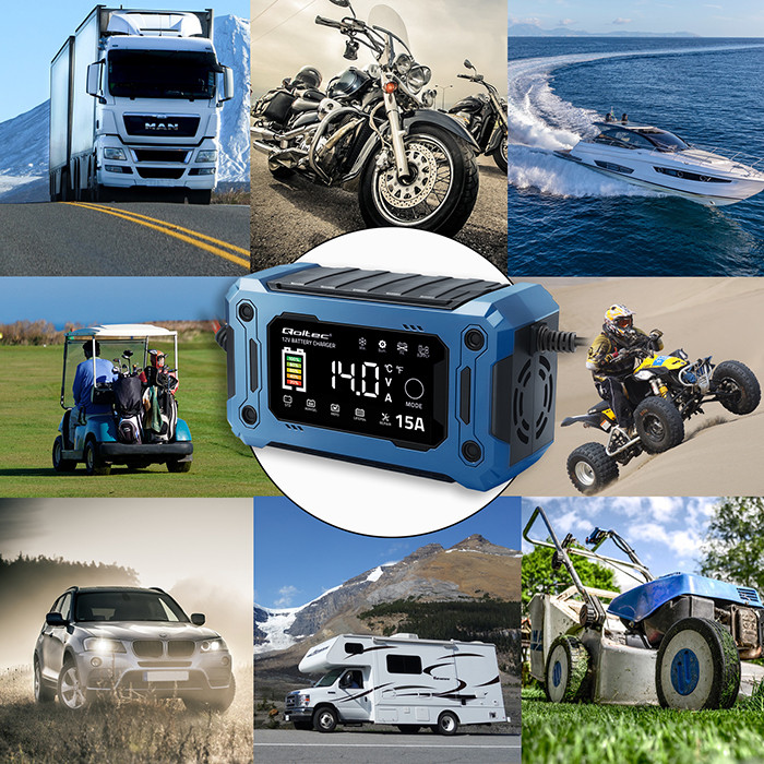 Qoltec Inteligentna mikroprocesorowa ładowarka 12V 15A | Prostownik z funkcją naprawy i podtrzymania zasilania podczas wymiany akumulatora | do AGM GEL LiFePO4 | LCD