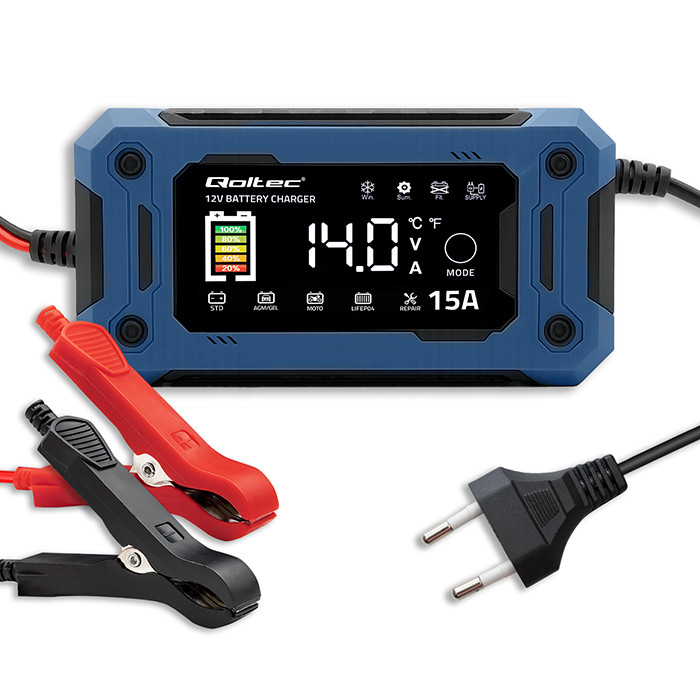 Qoltec Inteligentna mikroprocesorowa ładowarka 12V 15A | Prostownik z funkcją naprawy i podtrzymania zasilania podczas wymiany akumulatora | do AGM GEL LiFePO4 | LCD