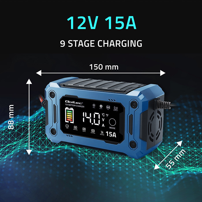 Qoltec Inteligentna mikroprocesorowa ładowarka 12V 15A | Prostownik z funkcją naprawy i podtrzymania zasilania podczas wymiany akumulatora | do AGM GEL LiFePO4 | LCD