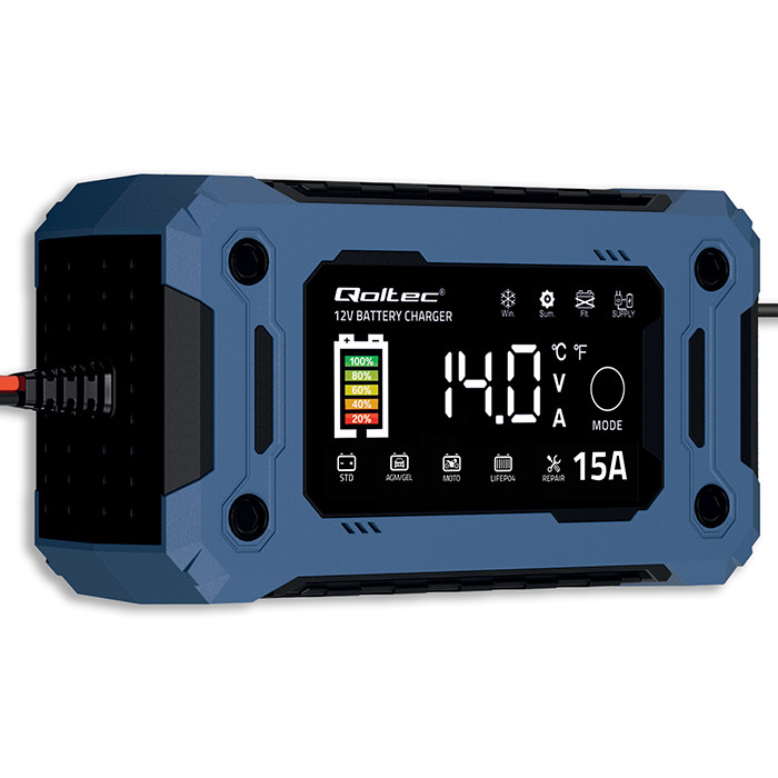 Qoltec Inteligentna mikroprocesorowa ładowarka 12V 15A | Prostownik z funkcją naprawy i podtrzymania zasilania podczas wymiany akumulatora | do AGM GEL LiFePO4 | LCD