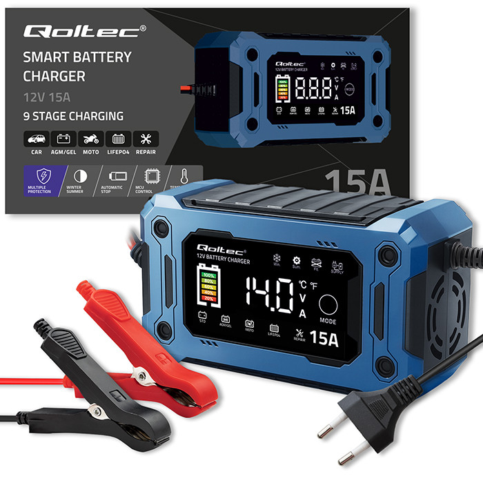 Qoltec Inteligentna mikroprocesorowa ładowarka 12V 15A | Prostownik z funkcją naprawy i podtrzymania zasilania podczas wymiany akumulatora | do AGM GEL LiFePO4 | LCD