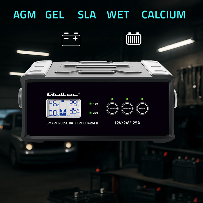 Qoltec Inteligentna mikroprocesorowa ładowarka 12V  24V 25A| Prostownik z funkcją naprawy do akumulatora AGM GEL SLA | LCD