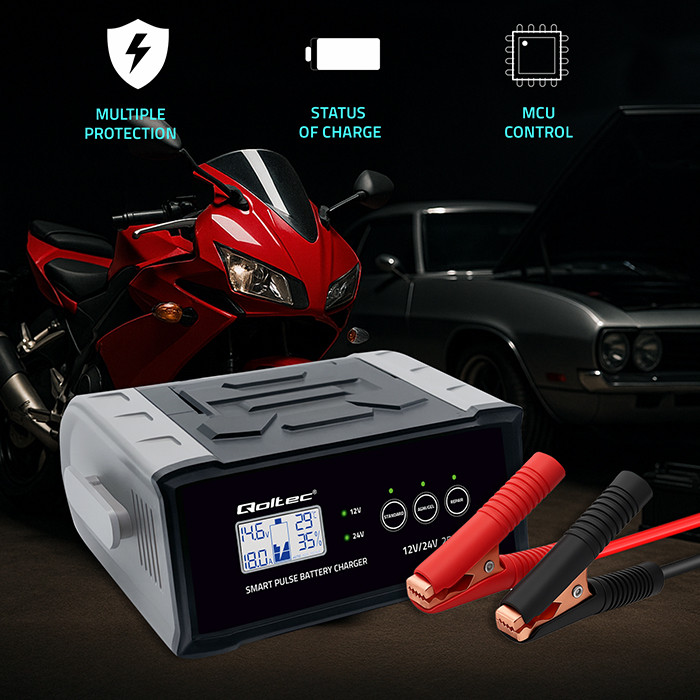 Qoltec Inteligentna mikroprocesorowa ładowarka 12V  24V 25A| Prostownik z funkcją naprawy do akumulatora AGM GEL SLA | LCD