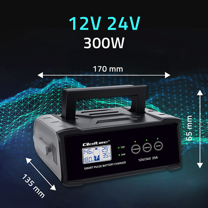 Qoltec Inteligentna mikroprocesorowa ładowarka 12V  24V 25A| Prostownik z funkcją naprawy do akumulatora AGM GEL SLA | LCD