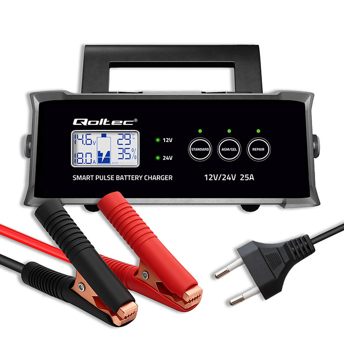 Qoltec Inteligentna mikroprocesorowa ładowarka 12V  24V 25A| Prostownik z funkcją naprawy do akumulatora AGM GEL SLA | LCD