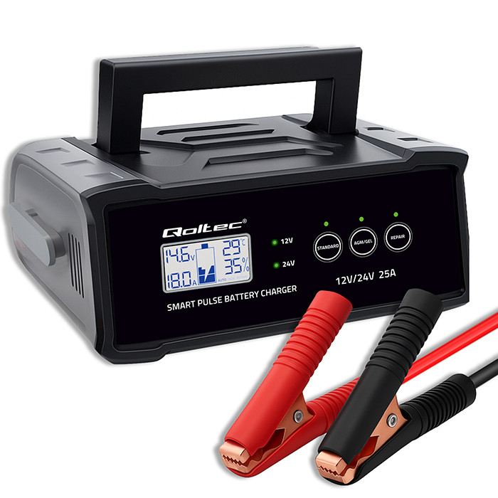 Qoltec Inteligentna mikroprocesorowa ładowarka 12V  24V 25A| Prostownik z funkcją naprawy do akumulatora AGM GEL SLA | LCD