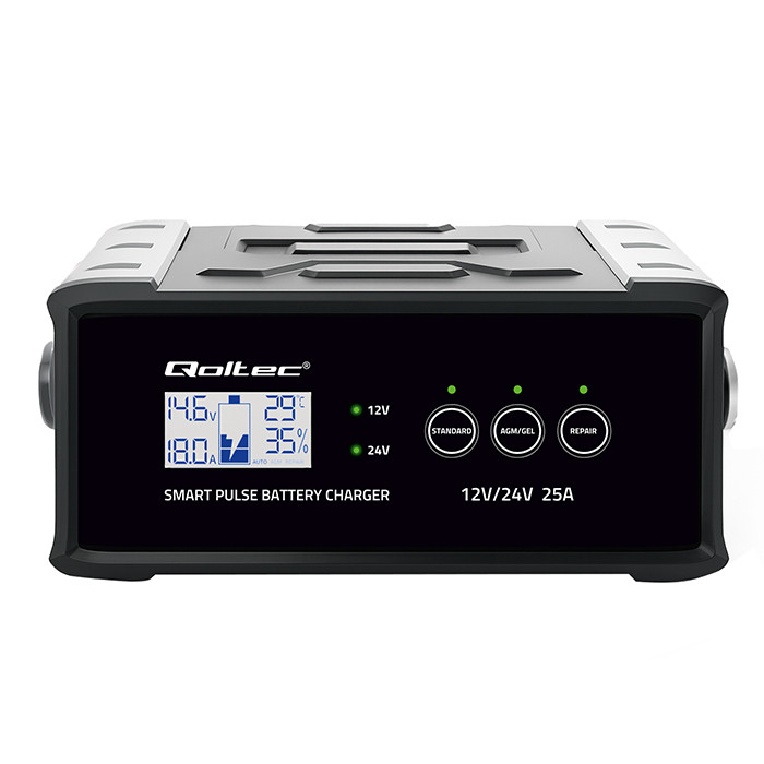 Qoltec Inteligentna mikroprocesorowa ładowarka 12V  24V 25A| Prostownik z funkcją naprawy do akumulatora AGM GEL SLA | LCD