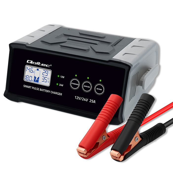 Qoltec Inteligentna mikroprocesorowa ładowarka 12V  24V 25A| Prostownik z funkcją naprawy do akumulatora AGM GEL SLA | LCD