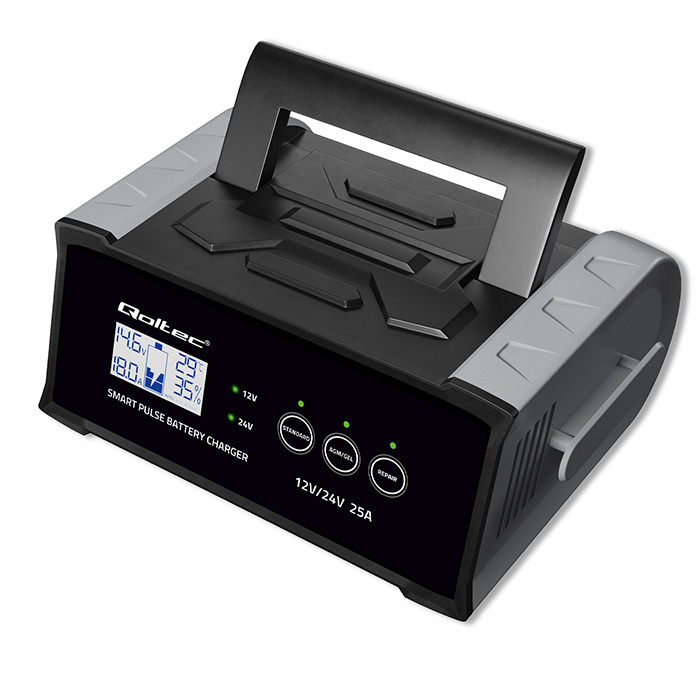 Qoltec Inteligentna mikroprocesorowa ładowarka 12V  24V 25A| Prostownik z funkcją naprawy do akumulatora AGM GEL SLA | LCD