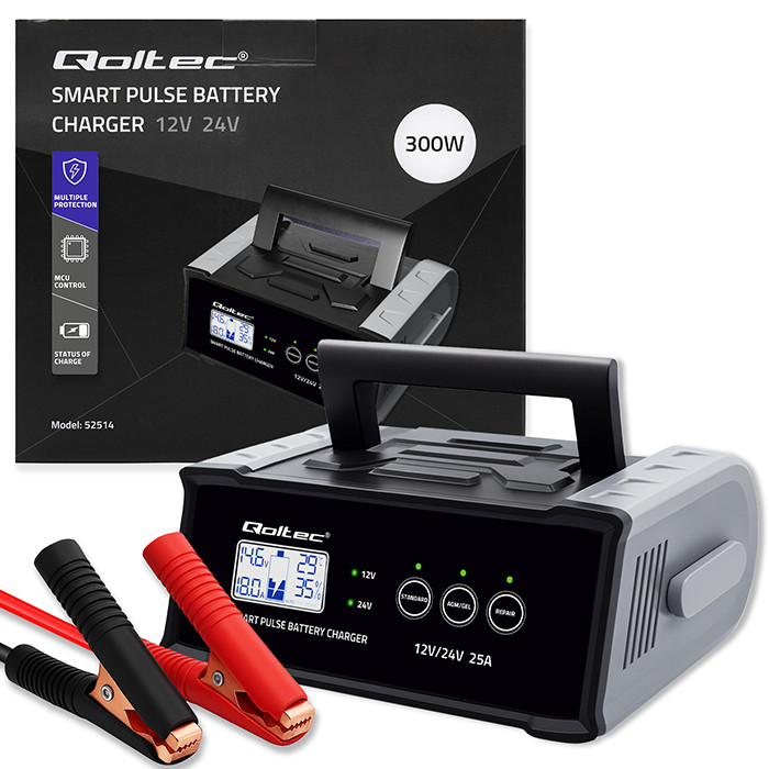 Qoltec Inteligentna mikroprocesorowa ładowarka 12V  24V 25A| Prostownik z funkcją naprawy do akumulatora AGM GEL SLA | LCD