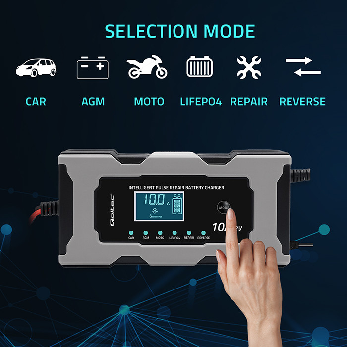 Qoltec Inteligentna mikroprocesorowa ładowarka 12V 10A | Prostownik z funkcją naprawy do akumulatora AGM GEL LiFePO4 | LCD