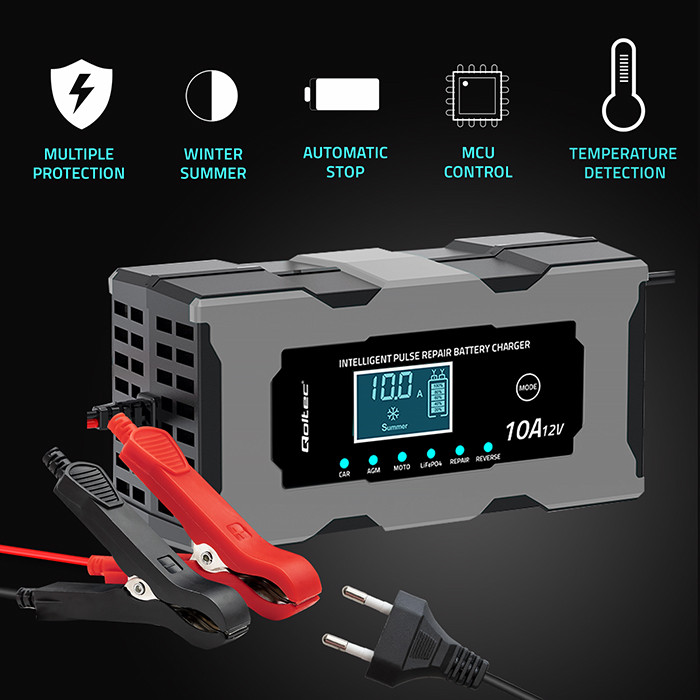 Qoltec Inteligentna mikroprocesorowa ładowarka 12V 10A | Prostownik z funkcją naprawy do akumulatora AGM GEL LiFePO4 | LCD