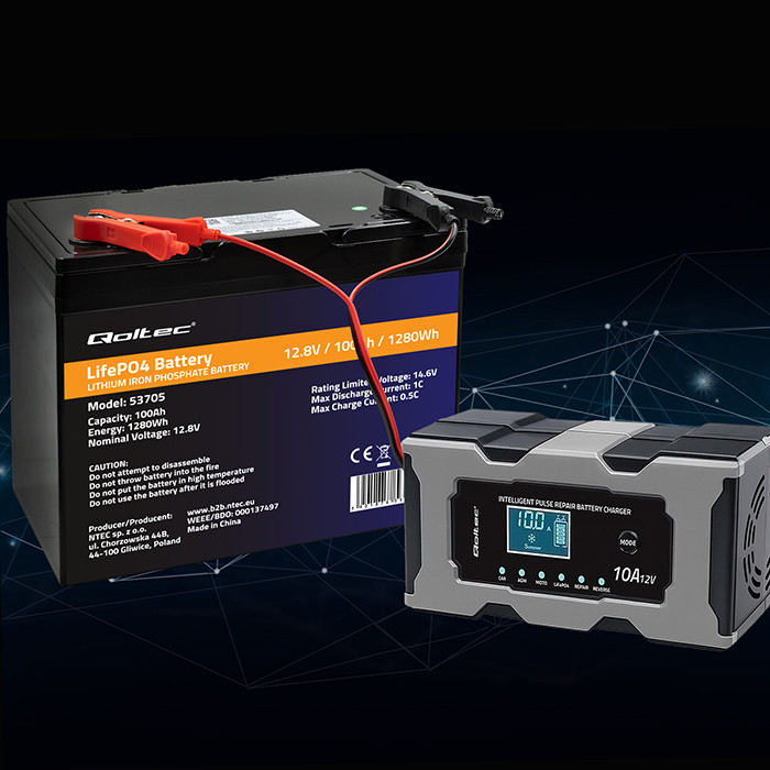 Qoltec Inteligentna mikroprocesorowa ładowarka 12V 10A | Prostownik z funkcją naprawy do akumulatora AGM GEL LiFePO4 | LCD