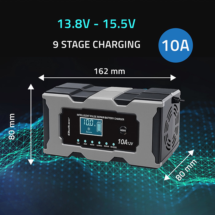 Qoltec Inteligentna mikroprocesorowa ładowarka 12V 10A | Prostownik z funkcją naprawy do akumulatora AGM GEL LiFePO4 | LCD