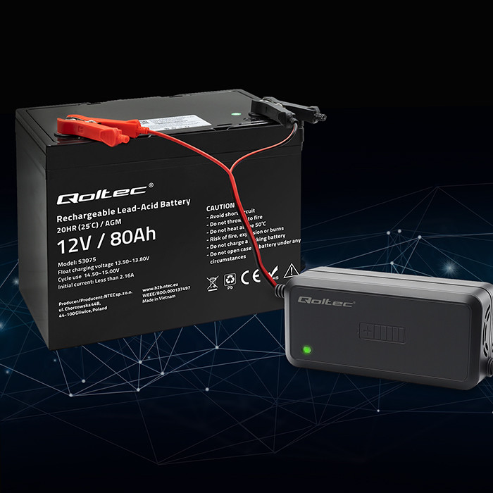 Qoltec Inteligentna mikroprocesorowa ładowarka 12V | 5A | Prostownik  do akumulatora AGM GEL SLA | 6 - stopniowe ładowanie