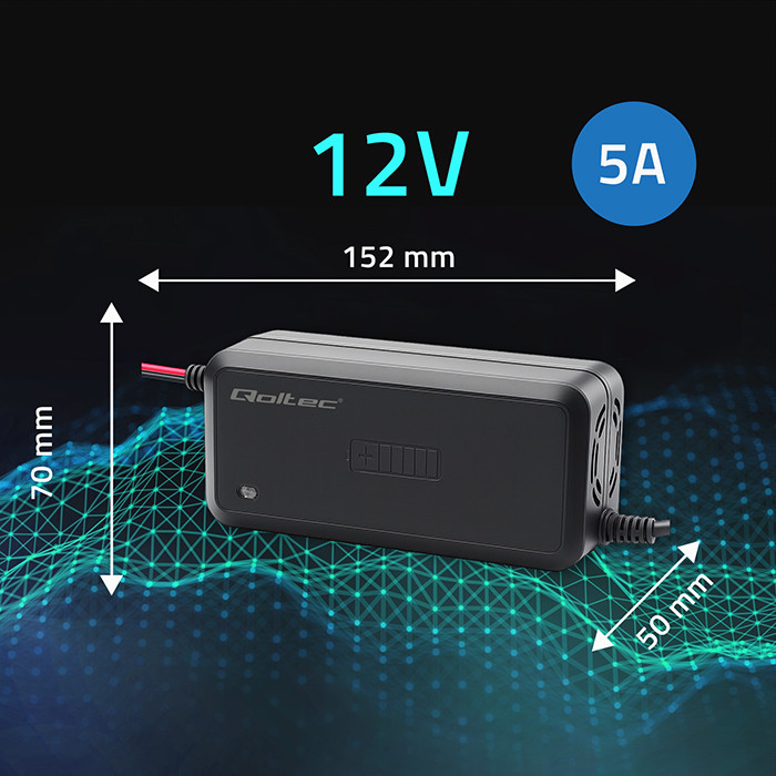 Qoltec Inteligentna mikroprocesorowa ładowarka 12V | 5A | Prostownik  do akumulatora AGM GEL SLA | 6 - stopniowe ładowanie