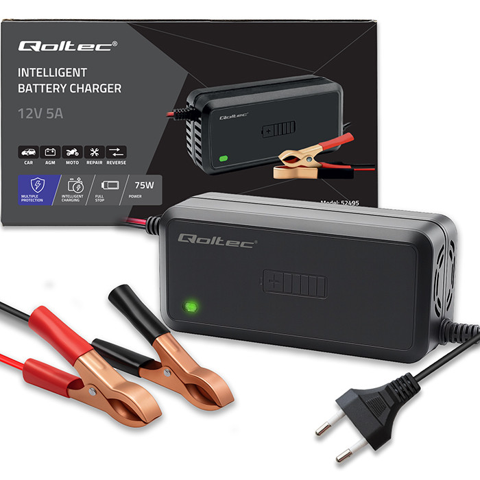 Qoltec Inteligentna mikroprocesorowa ładowarka 12V | 5A | Prostownik  do akumulatora AGM GEL SLA | 6 - stopniowe ładowanie