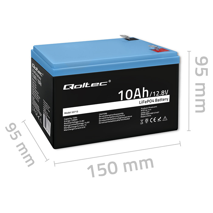 Qoltec Akumulator LiFePO4 Litowo-Żelazowo-Fosforanowy | 12.8V | 10Ah | 128Wh | BMS