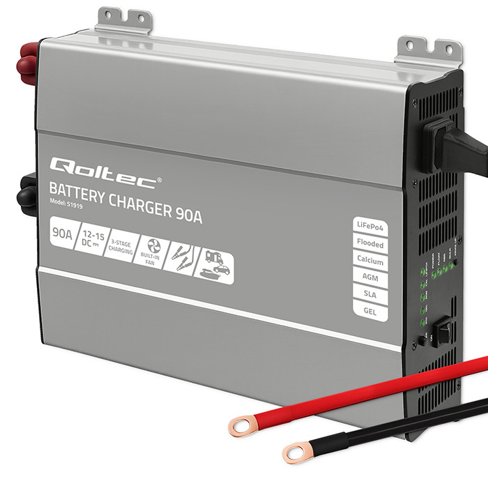 Qoltec Inteligentna profesjonalna ładowarka Monolith do akumulatorów LiFePO4 AGM GEL SLA | 90A | 12V | Szybkie ładowanie