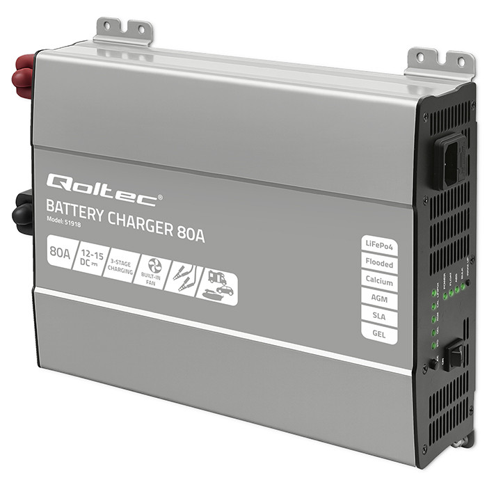 Qoltec Inteligentna profesjonalna ładowarka Monolith do akumulatorów LiFePO4 AGM GEL SLA | 80A | 12V | Szybkie ładowanie