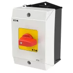 T0-1-8200/I1-RT Przełącznik Zał.-Wył., 1 bieg., 20 A, 90 °, w obudowie IP65, pokrętło czerwono-żółte bez możliwości blokady