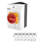 T3-3-8342/I2/SVB Przełącznik Zał.-Wył., 6 bieg., 32 A, 90 °, w obudowie IP65,pokrętło czerwono-żółte z blokadą na kłódkę