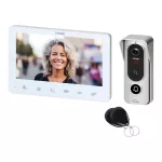 ANGU, zestaw wideodomofonowy 4-żyłowy, bezsłuchawkowy, monitor 7" LCD, z kamerą 800TVL, z czytnikiem kart i breloków zbliżeniowych 13,56MHz, biały