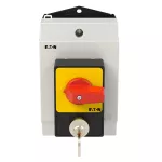 T0-2-1/I1/SVA(S)-RT Rozłączniki panikowe, 3 bieg., 20 A, zamek cylindryczny SVA, tabliczka 0-1, 90 °, bez samopowrotu, P, w obudowie IP65, pokrętło czerwono-żółte z zamkiem cylindrycznym